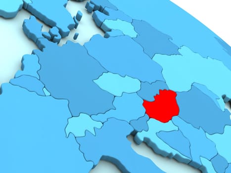 3D illustration of Hungary highlighted in red color on blue globe