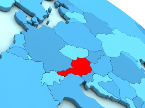 3D illustration of Austria highlighted in red color on blue globe