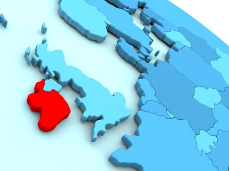 3D illustration of Ireland highlighted in red color on blue globe