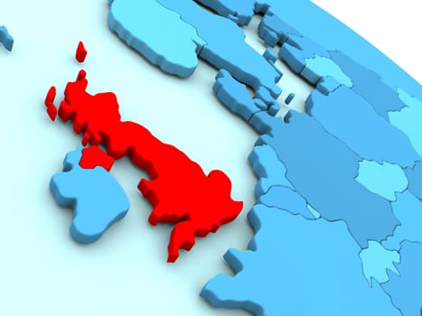 3D illustration of United Kingdom highlighted in red color on blue globe