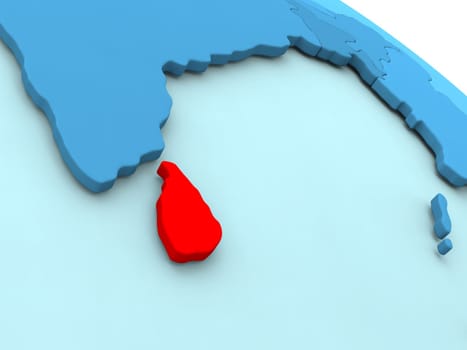 3D illustration of Sri Lanka highlighted in red color on blue globe