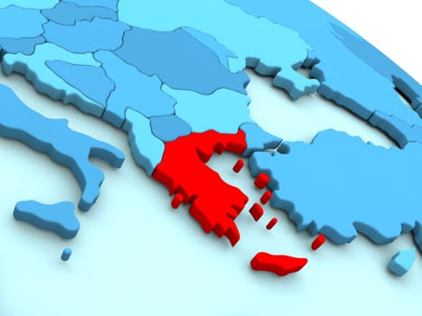 3D illustration of Greece highlighted in red color on blue globe