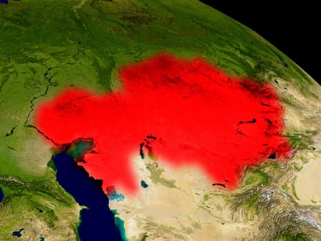Kazakhstan from space in red. 3D illustration with highly detailed realistic planet surface. Elements of this image furnished by NASA.