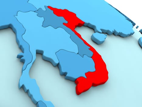 3D illustration of Vietnam highlighted in red color on blue globe