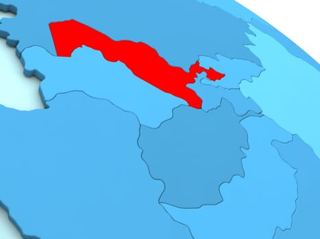 3D illustration of Uzbekistan highlighted in red color on blue globe