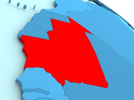 3D illustration of Mauritania highlighted in red color on blue globe