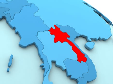 3D illustration of Laos highlighted in red color on blue globe