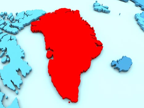 3D illustration of Greenland highlighted in red color on blue globe