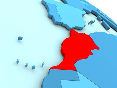3D illustration of Morocco highlighted in red color on blue globe