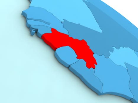 3D illustration of Guinea highlighted in red color on blue globe