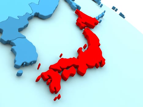 3D illustration of Japan highlighted in red color on blue globe