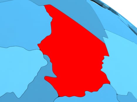 3D illustration of Chad highlighted in red color on blue globe