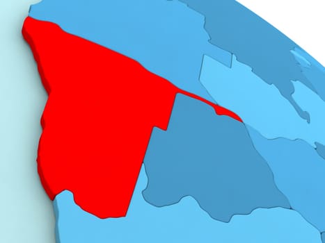 3D illustration of Namibia highlighted in red color on blue globe