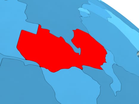 3D illustration of Zambia highlighted in red color on blue globe