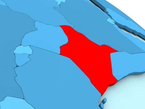 3D illustration of Kenya highlighted in red color on blue globe
