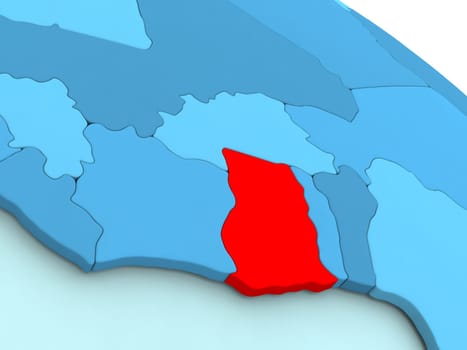 3D illustration of Ghana highlighted in red color on blue globe