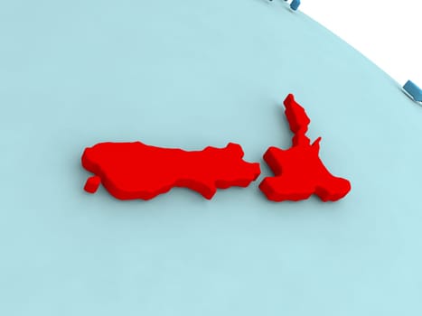 3D illustration of New Zealand highlighted in red color on blue globe
