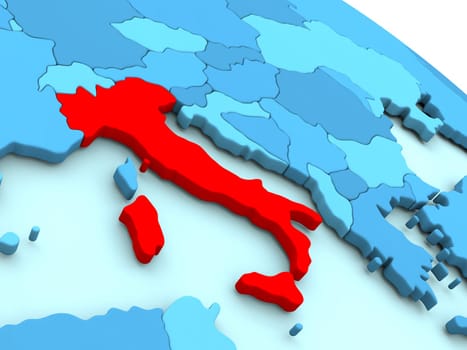 3D illustration of Italy highlighted in red color on blue globe