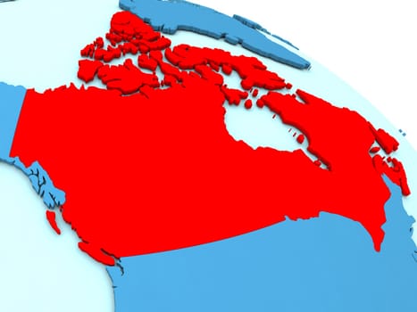 3D illustration of Canada highlighted in red color on blue globe