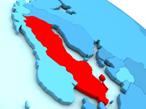 3D illustration of Sweden highlighted in red color on blue globe