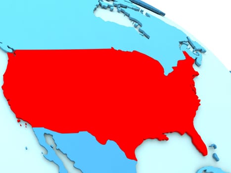 3D illustration of USA highlighted in red color on blue globe