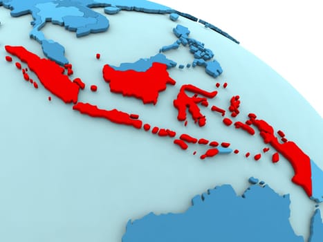 3D illustration of Indonesia highlighted in red color on blue globe
