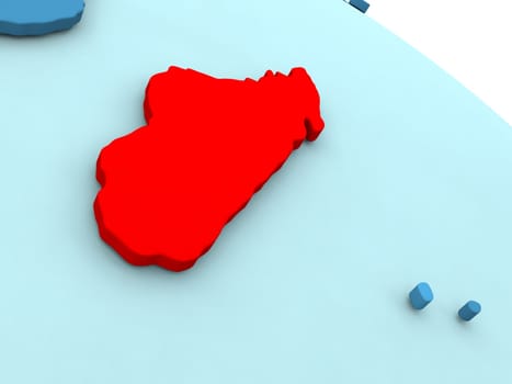 3D illustration of Madagascar highlighted in red color on blue globe