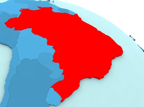 3D illustration of Brazil highlighted in red color on blue globe