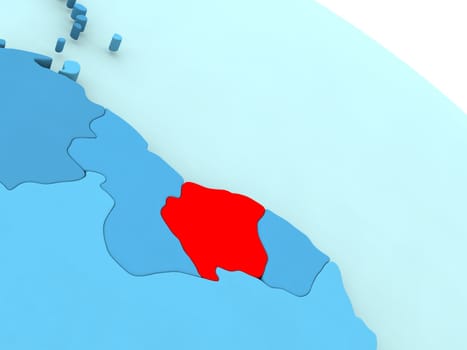 3D illustration of Suriname highlighted in red color on blue globe