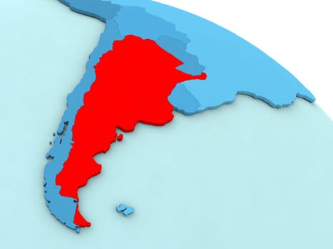 3D illustration of Argentina highlighted in red color on blue globe