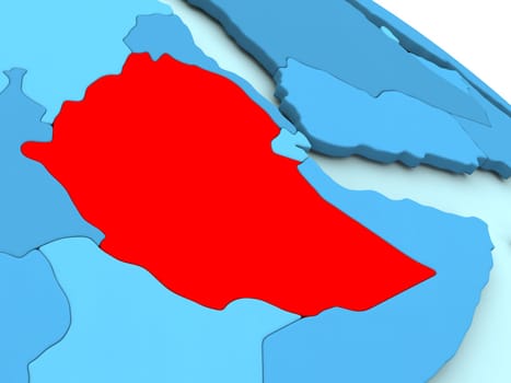 3D illustration of Ethiopia highlighted in red color on blue globe