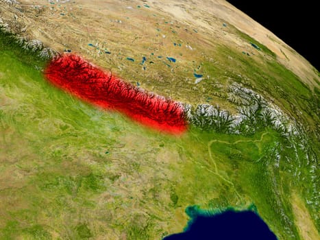 Nepal from space in red. 3D illustration with highly detailed realistic planet surface. Elements of this image furnished by NASA.