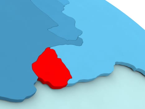 3D illustration of Uruguay highlighted in red color on blue globe
