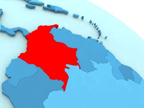 3D illustration of Colombia highlighted in red color on blue globe
