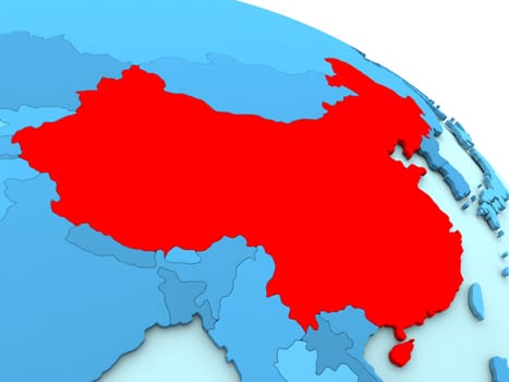 3D illustration of China highlighted in red color on blue globe