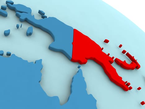 3D illustration of Papua New Guinea highlighted in red color on blue globe