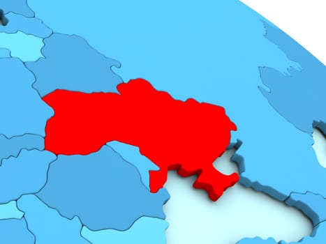 3D illustration of Ukraine highlighted in red color on blue globe