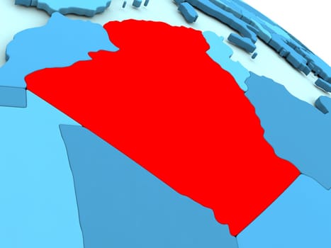 3D illustration of Algeria highlighted in red color on blue globe