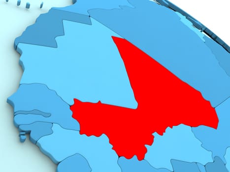 3D illustration of Mali highlighted in red color on blue globe