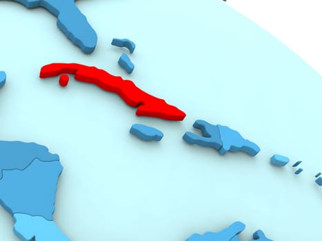 3D illustration of Cuba highlighted in red color on blue globe