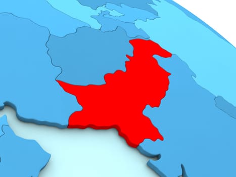 3D illustration of Pakistan highlighted in red color on blue globe