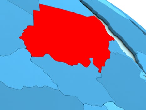 3D illustration of Sudan highlighted in red color on blue globe