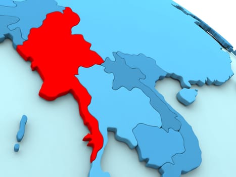 3D illustration of Myanmar highlighted in red color on blue globe