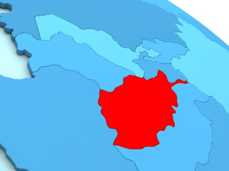 3D illustration of Afghanistan highlighted in red color on blue globe