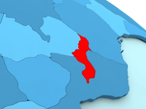 3D illustration of Malawi highlighted in red color on blue globe