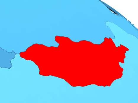 3D illustration of Mongolia highlighted in red color on blue globe