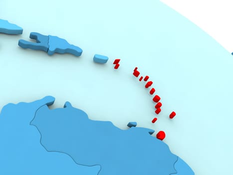 3D illustration of Caribbean highlighted in red color on blue globe