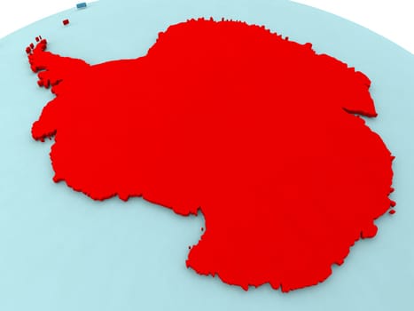 3D illustration of Antarctica highlighted in red color on blue globe