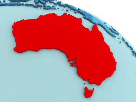 3D illustration of Australia highlighted in red color on blue globe