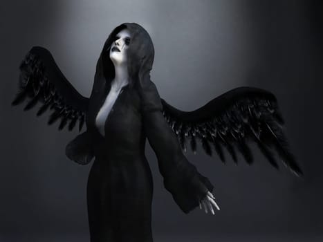 An angel of death with its black wings spread, 3D rendering. Dark background.